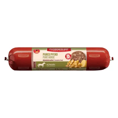 Fleischeslust Pures Pferd, Alleinfuttermittel mit Kartoffeln. Sensitiv-Rezeptur: 75% Pferd, 9% Kartoffeln, 0% Getreide. Single Protein. Für Hunde geeignet.