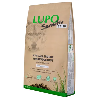 LUPO Sensitiv 24/10 hypoalergénne kompletné krmivo pre psy s kuracím mäsom a zemiakmi, 15 kg. Vhodné pre citlivé psy, monoproteínové, bez obilnín a gluténu. Pre juniorov, dospelých, gravidné a laktujúce psy.