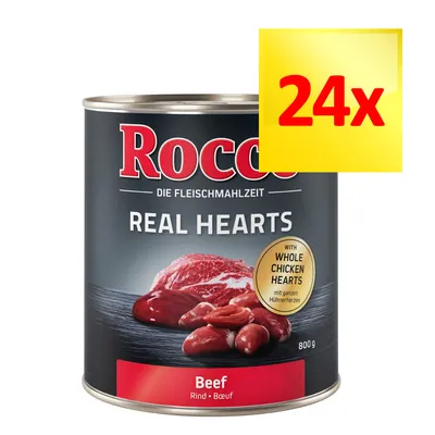 Rocco Real Hearts Beef, 800 g, z widocznym napisem 'with whole chicken hearts', zestaw 24x. Na etykiecie zdjęcie mięsa i serc.