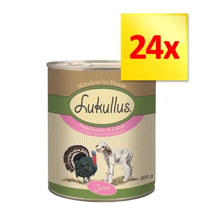 Lukullus Naturkost für Hunde, Putenherzen & Lamm, Junior, 800 g. Zestaw 24x. Widoczne ilustracje indyka i jagnięcia na etykiecie.