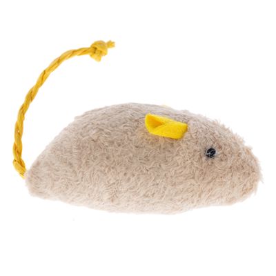 Spielzeugmaus aus beigem Plüsch mit gelben Filzohren und geflochtenem gelbem Schwanz.