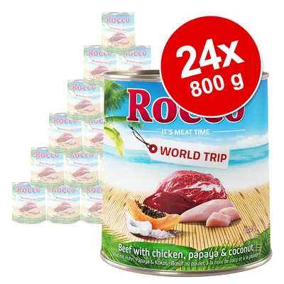 Lot de 24 boîtes Rocco World Trip 800 g, bœuf avec poulet, papaye et noix de coco. Texte visible : 'Beef with chicken, papaya & coconut'.