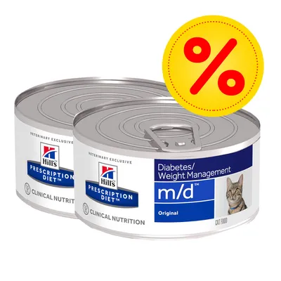Två burkar Hill's Prescription Diet m/d Original Cat Food, Diabetes/Weight Management, med gul rabattmärkning med procenttecken. Synlig kattbild på förpackningen.