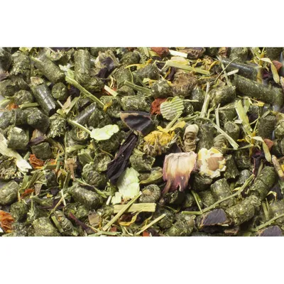Nahaufnahme von getrockneten Kräutern, Blüten und gepressten Pellets. Mischung aus natürlichen Zutaten. Nahaufnahme von getrockneten Kräutern, Blüten und gepressten Pellets. Mischung aus natürlichen Zutaten.