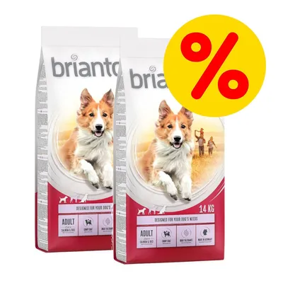 Due sacchi di crocchette Briantos Adult 14 kg con immagine di cane e simbolo percentuale gialla per offerta. Testo visibile: 'ADULT', 'Salmon & Rice', 'High Tolerance', 'Made in Germany'. Due sacchi di crocchette Briantos Adult 14 kg con immagine di cane e simbolo percentuale gialla per offerta. Testo visibile: 'ADULT', 'Salmon & Rice', 'High Tolerance', 'Made in Germany'.