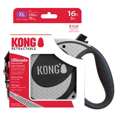 KONG guinzaglio retrattile per cani XL, fino a 70 kg, lunghezza 5 m, extra resistente, impugnatura ergonomica morbida, nastro riflettente, 2 anni di garanzia.