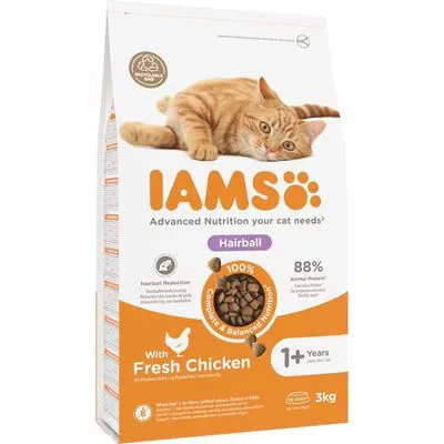 IAMS Hairball kattenvoer met verse kip, 88% dierlijk eiwit, geschikt voor katten vanaf 1 jaar, 3 kg zak. Tekst: 'Hairball Reduction', '100% Complete & Balanced Nutrition'.