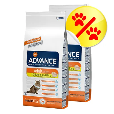 Advance Adult 1–10 years Chicken and Rice torrfoder för katt, två stora påsar med rabattmärke. Synlig text: Healthy skin and shiny coat, Urinary care, Dental protection, Intestinal health.