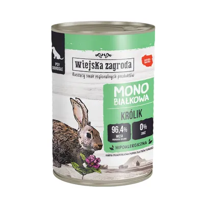Wiejska Zagroda Mono Białkowa Кролик. Храна за възрастни кучета, хипоалергенна, 96,4% месо, 0% зърнени храни. Полска марка.