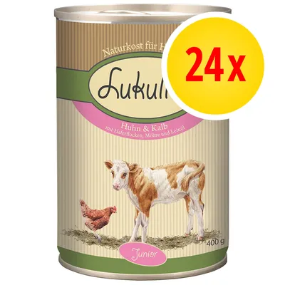 Lukullus Huhn & Kalb Junior natvoer voor honden, met haverflocken, wortel en lijnzaadolie, 400 g. Verpakkingseenheid: 24x.