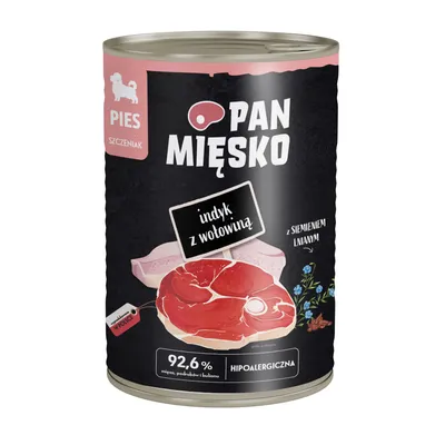 Pan Mięsko karma dla szczeniąt, hipoalergiczna, z indykiem i wołowiną, 92,6% mięsa, z siemieniem lnianym. Opakowanie pokazuje kawałki mięsa i składniki.