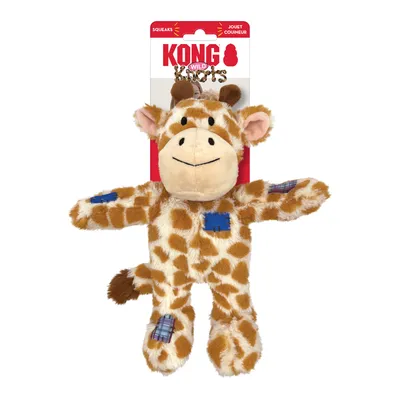 KONG Wild Knots Plüschspielzeug in Giraffenform mit aufgenähten blauen Flicken, Verpackung zeigt 'Squeaks' und 'Jouet Couineur'.