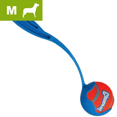 Blue ball launcher with orange and blue ball, size M indicated in green box with dog silhouette.
