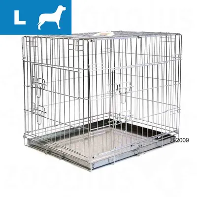 Metalowa klatka dla psa, rozmiar L, z wyjmowaną metalową tacą na spodzie. W lewym górnym rogu niebieska ikona z literą L i sylwetką psa.