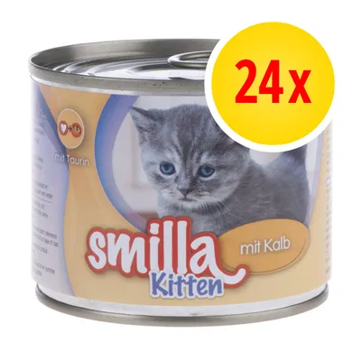 Blik Smilla Kitten natvoer met kalf, afbeelding van een grijze kitten op het etiket, tekst 'mit Taurin', voordeelverpakking 24x zichtbaar op gele cirkel.
