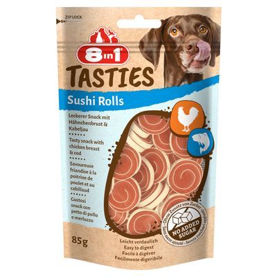 8in1 Tasties Sushi Rolls, 85g. Snack met kippenborst en kabeljauw, geen toegevoegde suikers. Verpakking toont ronde snacks en tekst: 'Leicht verdaulich'.