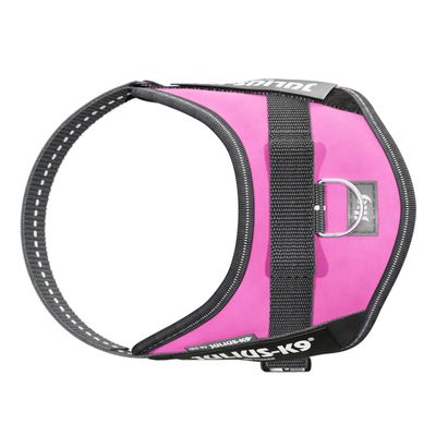 Julius-K9 hundsele i rosa med svart kant och metallring för fastsättning. Synlig text Julius-K9 på sidan.