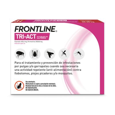 Frontline Tri-Act solución spot-on para perros. Para tratar y prevenir pulgas, garrapatas, mosquitos y otros insectos. No apto para gatos ni conejos.