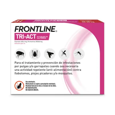 Frontline Tri-Act solución spot-on para perros. Para tratar y prevenir pulgas, garrapatas, mosquitos y otros insectos. No apto para gatos ni conejos.