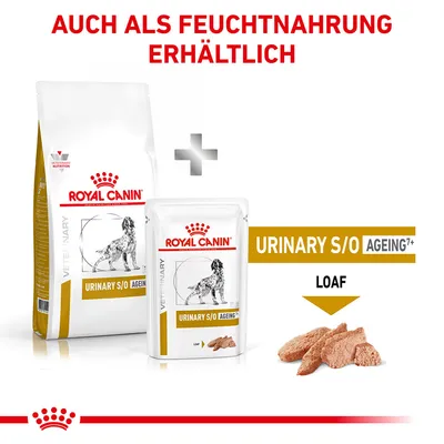 Royal Canin Urinary S/O Ageing 7+ suha in mokra hrana, tekstura paštete. Opomba: na voljo tudi kot mokra hrana.