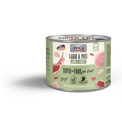 MAC's Lamm & Pute Superfood til katte, Made in Germany, kornfri, højt kødindhold. Fuldfoder til voksne katte. MAC's Lamm & Pute Superfood til katte, Made in Germany, kornfri, højt kødindhold. Fuldfoder til voksne katte.