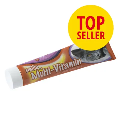 smilla Multi-Vitamin, Mi 12 Vitaminen und Taurin. Gul cirkel med rød tekst: TOP SELLER. Billede af kat på tuben.