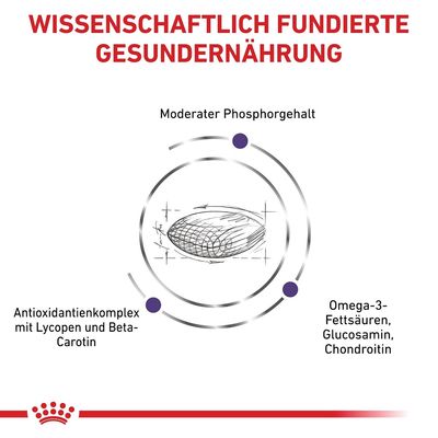 Wissenschaftlich fundierte Gesundernährung mit moderatem Phosphorgehalt, Antioxidantienkomplex mit Lycopen und Beta-Carotin sowie Omega-3-Fettsäuren, Glucosamin, Chondroitin.