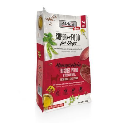 MAC's Mono Super Food for Dogs Monoprotein Frisches Pferd & Süßkartoffel, droogvoer voor volwassen honden, inhoud 3 kg. Tekst deels in het Duits en Engels zichtbaar op verpakking.