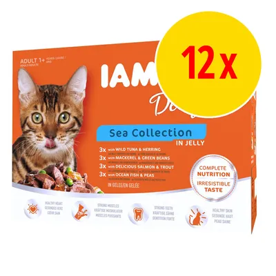 IAMS Sea Collection in Jelly kissanruokapakkaus, 12 annosta. Lajitelma: tonnikala & silli, makrilli & vihreät pavut, lohi & taimen, merikala & herneet. Adult 1+ vuotta.