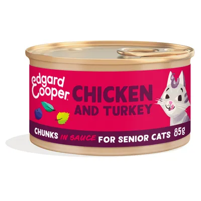 Edgard Cooper CHICKEN AND TURKEY, chunks in sauce for senior cats, 85g. Blik met afbeelding van kat en bladeren op het etiket.