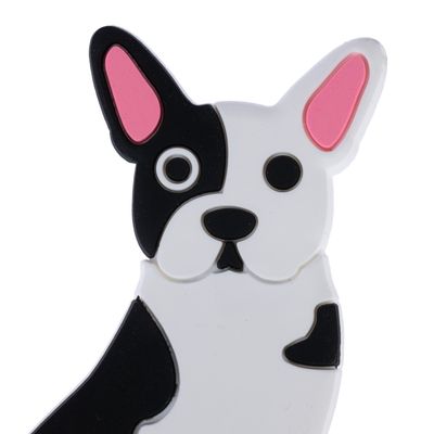 Черна и бяла фигура на куче с розови уши, стилизиран дизайн.