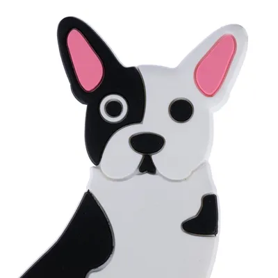 Black and white dog figurine with pink ears, stylised design.