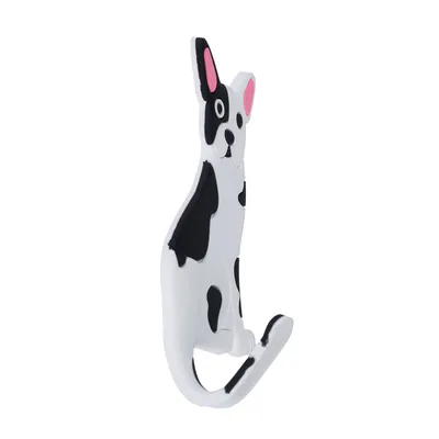 Wall hook shaped like a black and white spotted dog with pink ears, suitable for hanging items.