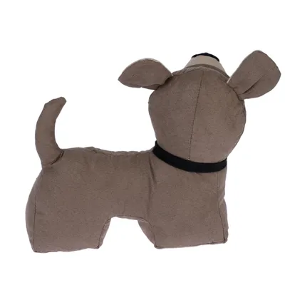 Brown fabric toy in the shape of a dog with a black collar.