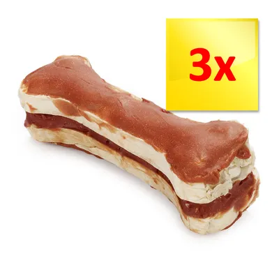 Os à mâcher en forme d’os, lot de 3x indiqué sur un encadré jaune. Matière visible : peau brute et couche brune. Os à mâcher en forme d’os, lot de 3x indiqué sur un encadré jaune. Matière visible : peau brute et couche brune.