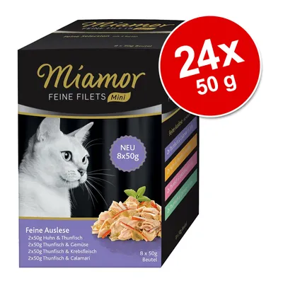 Miamor Feine Filets Mini, 24x50 g. Na opakowaniu: NEU 8x50g, Feine Auslese, 2x50g Huhn & Thunfisch, 2x50g Thunfisch & Gemüse, 2x50g Thunfisch & Krebsfleisch, 2x50g Thunfisch & Calamari.