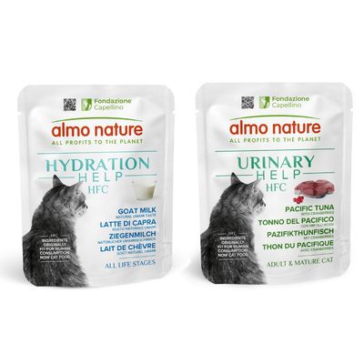 Almo Nature Hydration Help HFC Ziegenmilch, natürliche Umami-Zutaten, geeignet für alle Lebensphasen. Fondazione Capellino, Zutaten ursprünglich für menschlichen Verzehr, jetzt Katzenfutter.