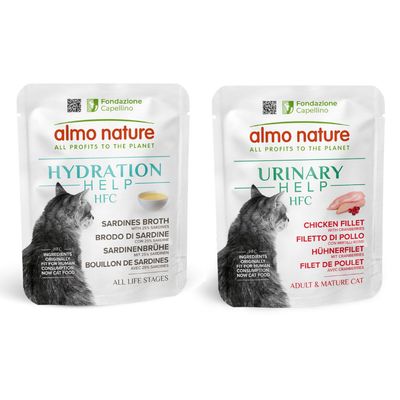 Almo Nature Hydration Help HFC Ziegenmilch, natürliche Umami-Zutaten, geeignet für alle Lebensphasen. Fondazione Capellino, Zutaten ursprünglich für menschlichen Verzehr, jetzt Katzenfutter.