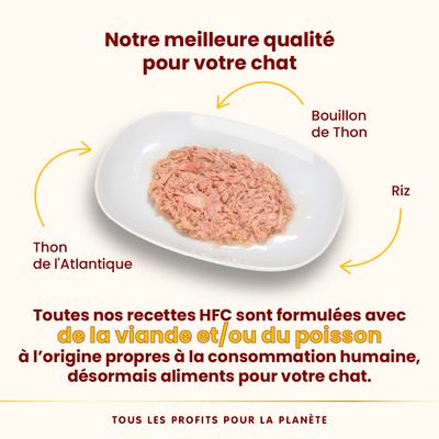 Assiette avec thon de l’Atlantique, bouillon de thon et riz. Texte : Toutes nos recettes HFC sont formulées avec de la viande et/ou du poisson propres à la consommation humaine.