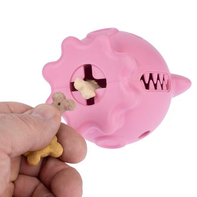 Rosa Spielzeugball mit Öffnungen für Leckerlis, Hand legt Knochenförmige Leckerlis in die Ballöffnung.