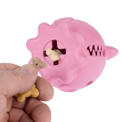 Rosa Spielzeugball mit Öffnungen für Leckerlis, Hand legt Knochenförmige Leckerlis in die Ballöffnung.