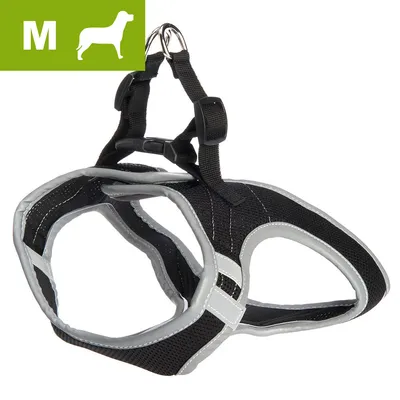 Svart och grå hundsele i tyg med reflexdetaljer, storlek M visas uppe till vänster med siluett av hund.