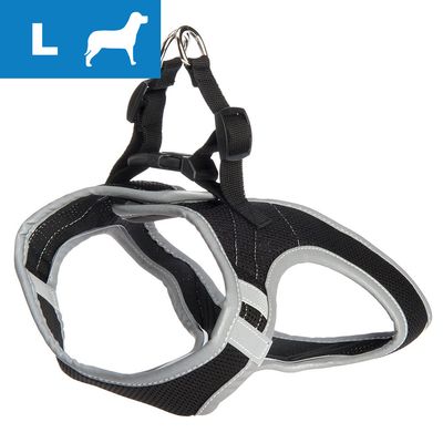 Svart och grå hundsele i storlek L med justerbara remmar och metallringar, tygmaterial. Stor blå ikon med vit hundsilhuett och bokstaven L synlig uppe till vänster.