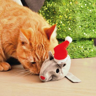 Chat roux reniflant une souris en peluche grise portant un bonnet de Noël rouge et blanc, devant une décoration verte scintillante.