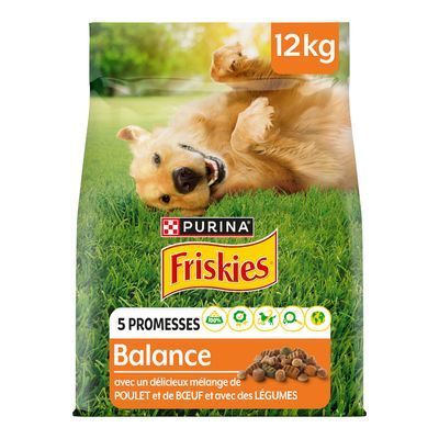 Zak Purina Friskies Balance hondenvoer, 12 kg. Tekst: 5 promesses, Balance, avec un délicieux mélange de poulet et de bœuf et avec des légumes.