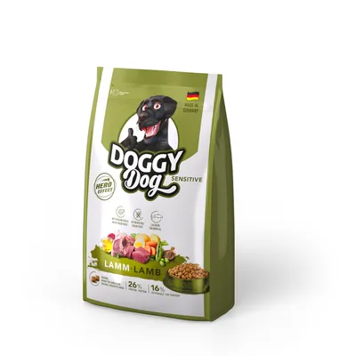 Doggy Dog Sensitive Trockenfutter mit Lamm, getreidefrei, mit Lachsöl. Made in Germany. Protein: 26%, Fettgehalt: 16%. Hero Effect für empfindliche Hunde.