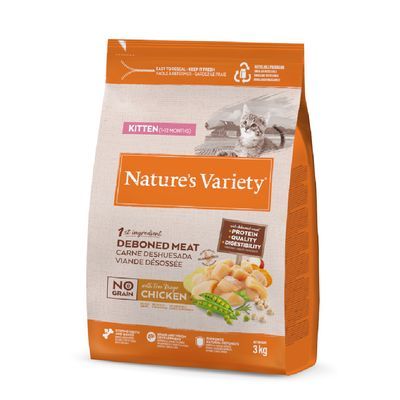 Nature's Variety kattenvoer voor kittens (2–12 maanden), 1e ingrediënt ontbeend vlees, kip, geen granen, 3 kg. Tekst: protein, quality, digestibility.