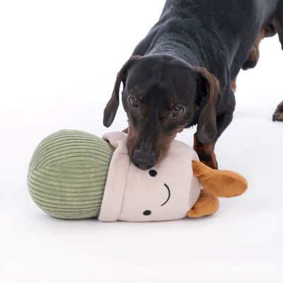 Câine care se joacă cu o jucărie din material textil verde și bej, în formă de personaj zâmbitor cu urechi.
