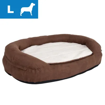 Brązowe legowisko owalne z białym wnętrzem, rozmiar L widoczny w lewym górnym rogu na niebieskim tle z ikoną psa. Brązowe legowisko owalne z białym wnętrzem, rozmiar L widoczny w lewym górnym rogu na niebieskim tle z ikoną psa.