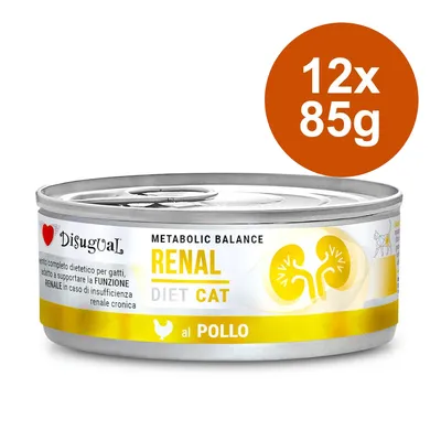 Disugual Metabolic Balance Renal Diet Cat al pollo, boîte 85 g, lot de 12. Texte visible : supporte la fonction rénale en cas d’insuffisance rénale chronique. Illustration reins jaunes.